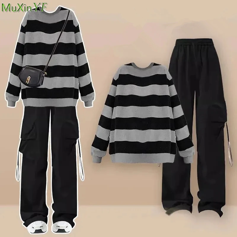 Women Autumn Winter Stripe Sweatshirt Black Cargo Pants 1 or 2 Piece Set Lady Casual Loose Tops Jeans Outfits 2023 New Trousers adagirl black jeans women y2k ripped fashion hollow out bow high waist wide leg denim trousers streetwear causal mujer pantalon