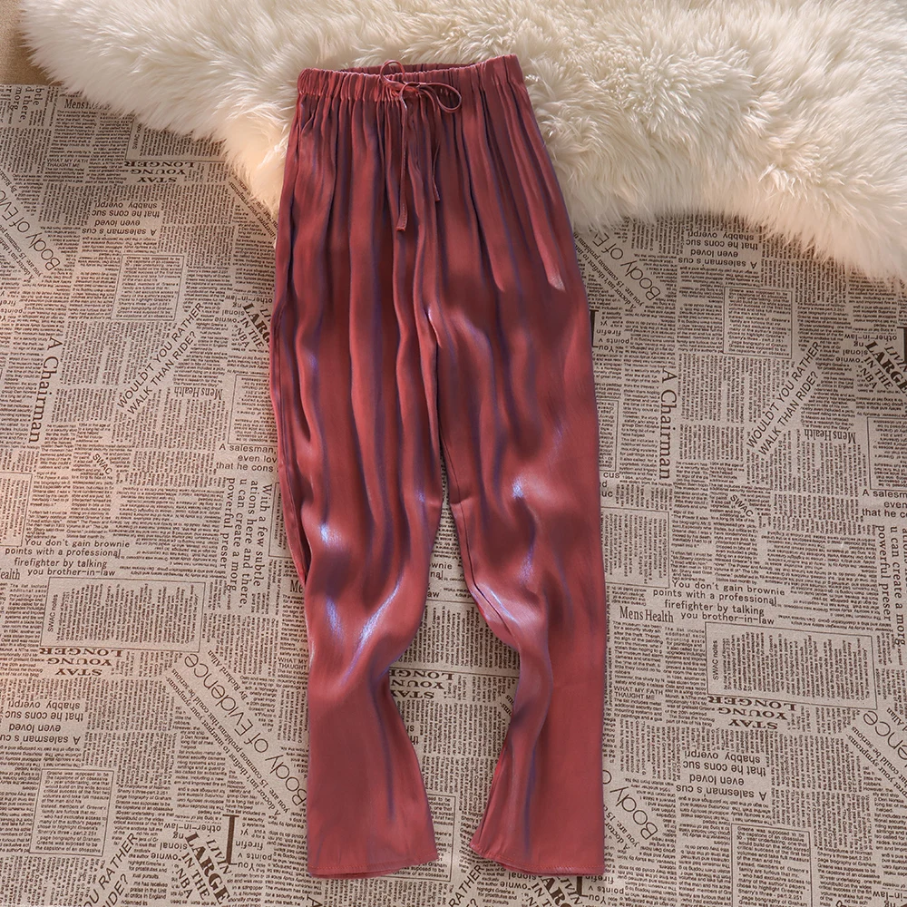 Side split design shining chiffon straight wide leg pants women summer trousers loose calf Length casual elastic waist pants sweatpants