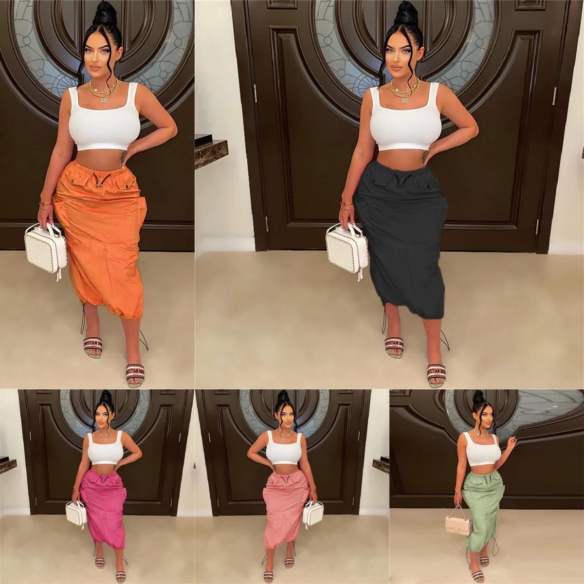 

Women Solid Minimalist High Waisted Drawstring Elastic Patchwork Pockets Dress Women Slim Fitting Work Attire Half Length Skirt