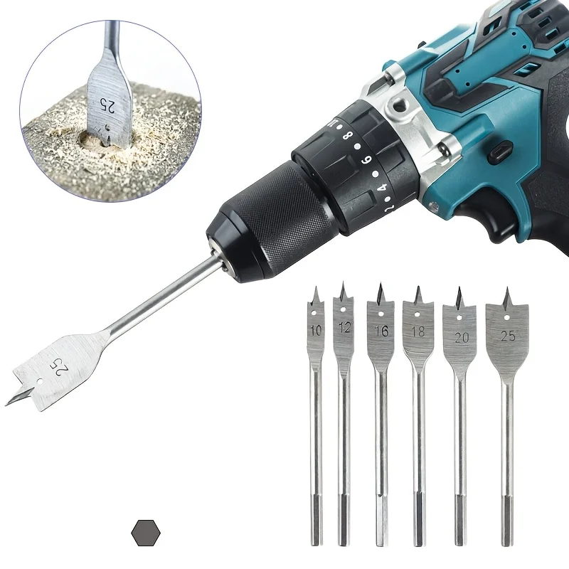 ‌6PC Triangular Wood Drill Bit Set – Hex Shank Flat Bits for Drawer/Cabinet Locks Precision Woodworking & Hole Saw Applications‌