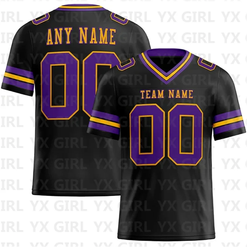 

Custom Black Purple-Gold Mesh Football Jersey Personlized Team name and you name number V-Neck Football T-Shirts