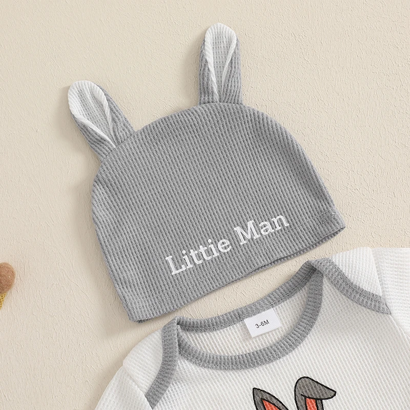 0-18M Baby Boy Easter Outfits Bunny Letter Print Short Sleeve Romper with Stripe Cuffs Long Pants and Hat 3 Pcs Set 4