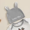 0-18M Baby Boy Easter Outfits Bunny Letter Print Short Sleeve Romper with Stripe Cuffs Long Pants and Hat 3 Pcs Set 4