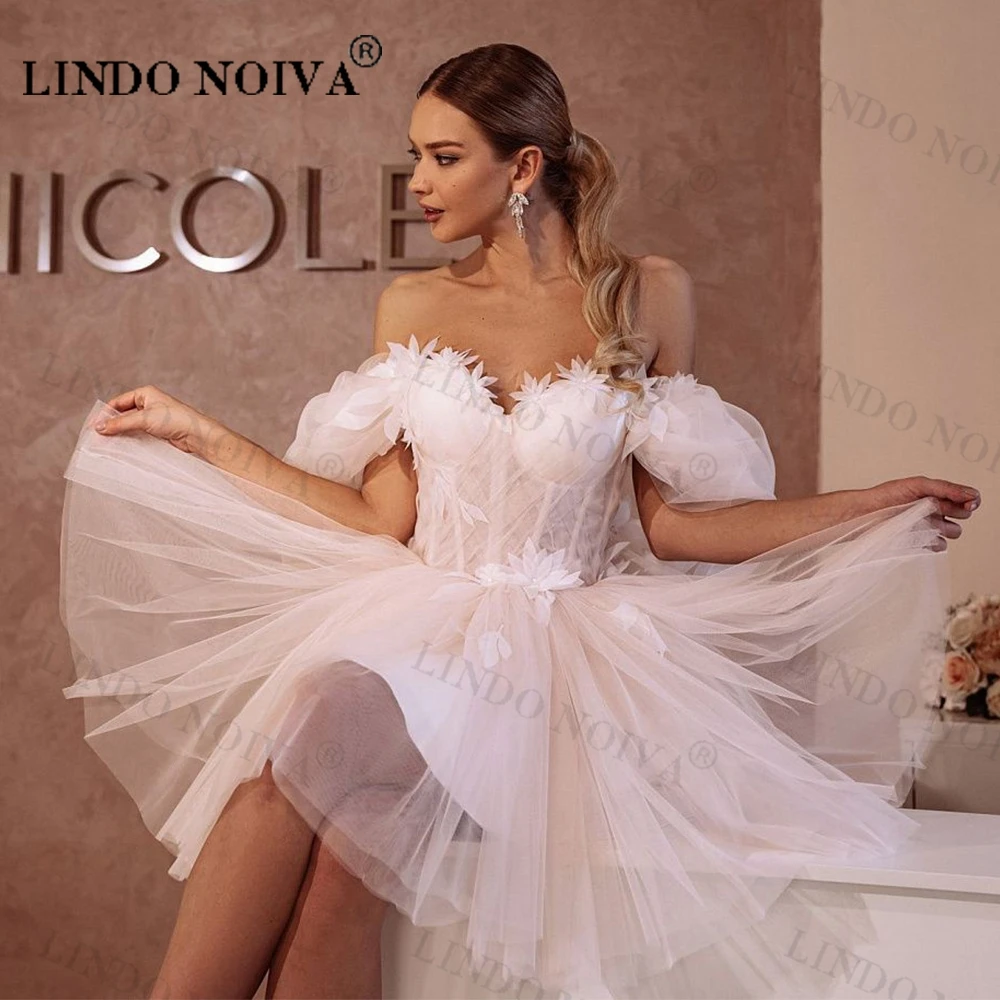 

LINDO NOIVA Princess Short Wedding Dress Flower Sweetheart Tulle Mini Bride Dresses Off The Shoulder Robe De Mariee Custom Made