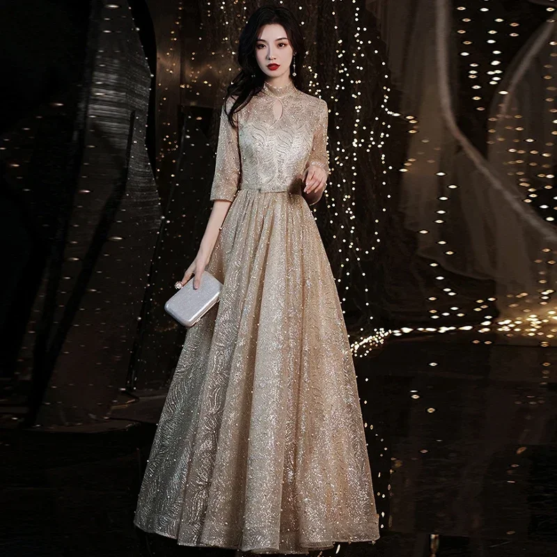 Evening Dresses High Collar Golden Bling Pearl Half Sleeves