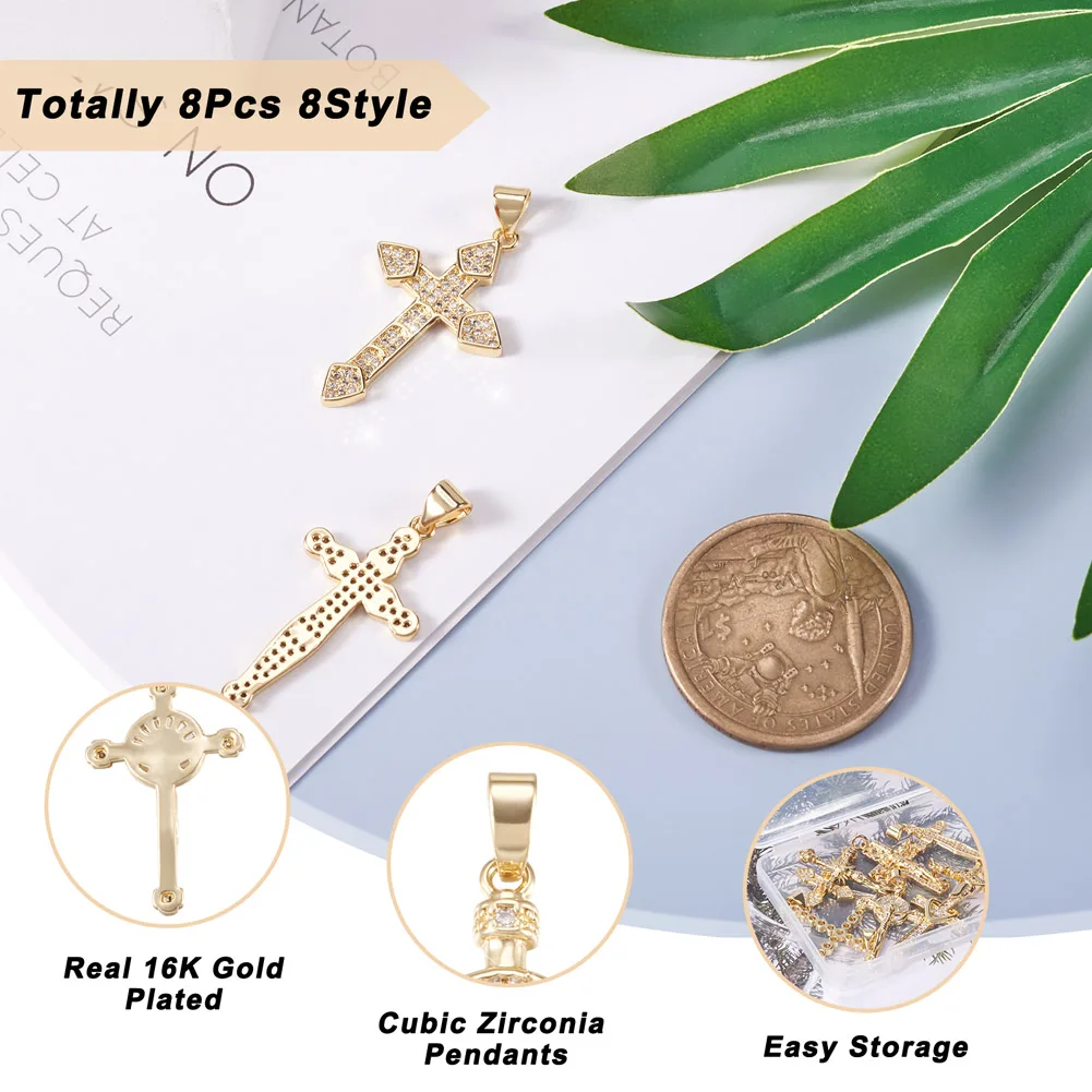 8Pcs Brass Cubic Zirconia Pendants Religion Theme Cross Charms For Jewelry Making Vintage Women Necklace Earring  Accessories
