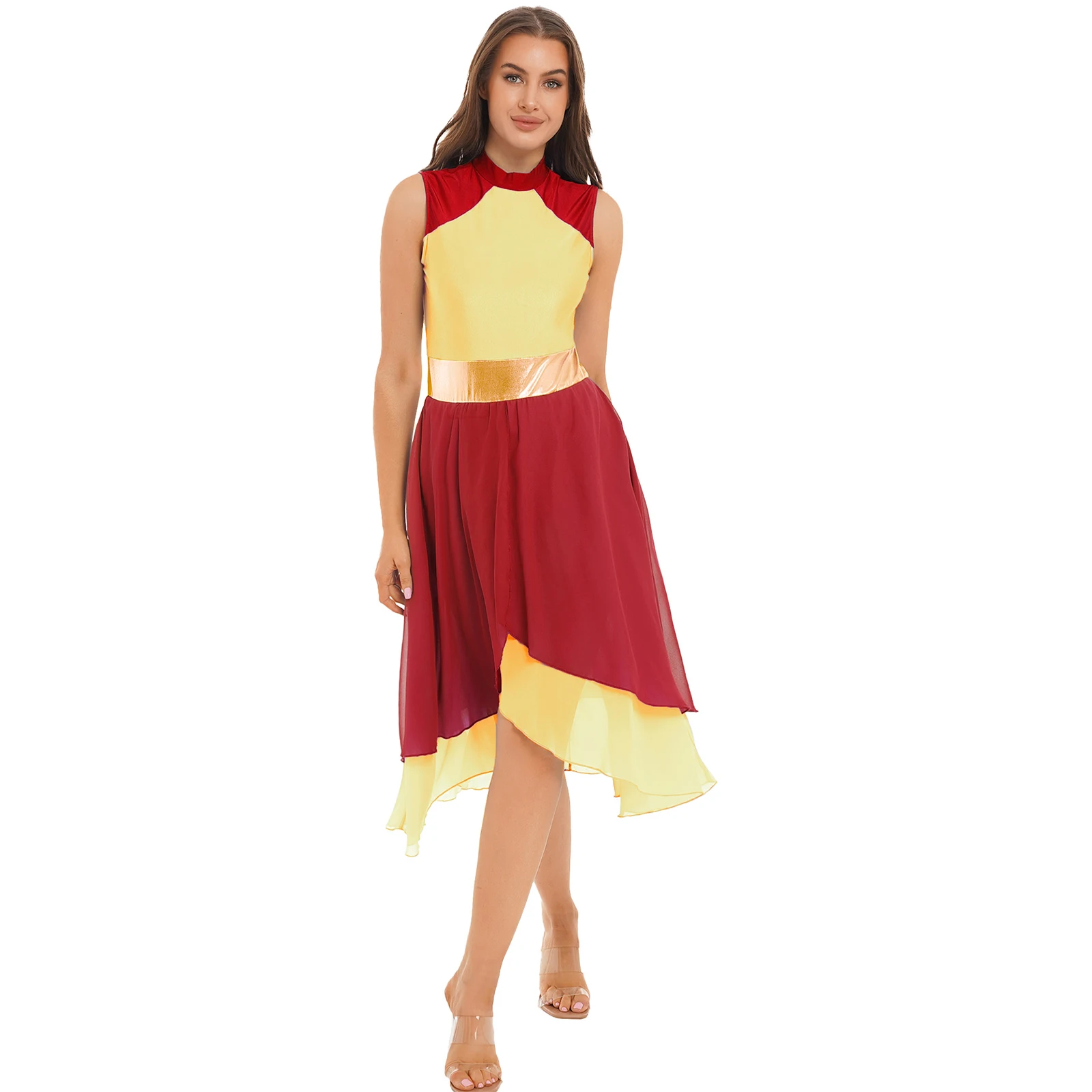 

Womens Praise Liturgical Dance Dress Color Block Worship Tunic Dress Party Dance Sleeveless Lyrical Ballroom Dancewear Costume