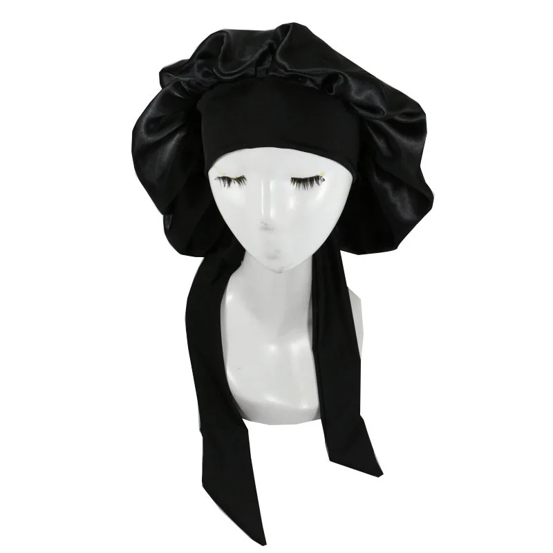 Bonnet Sleep Cap Women Satin Solid Sleeping Hat Silky Bonnets With Tie Bands Elastic Shower Cap  For Curly Hair Bonnets Nightcap 3