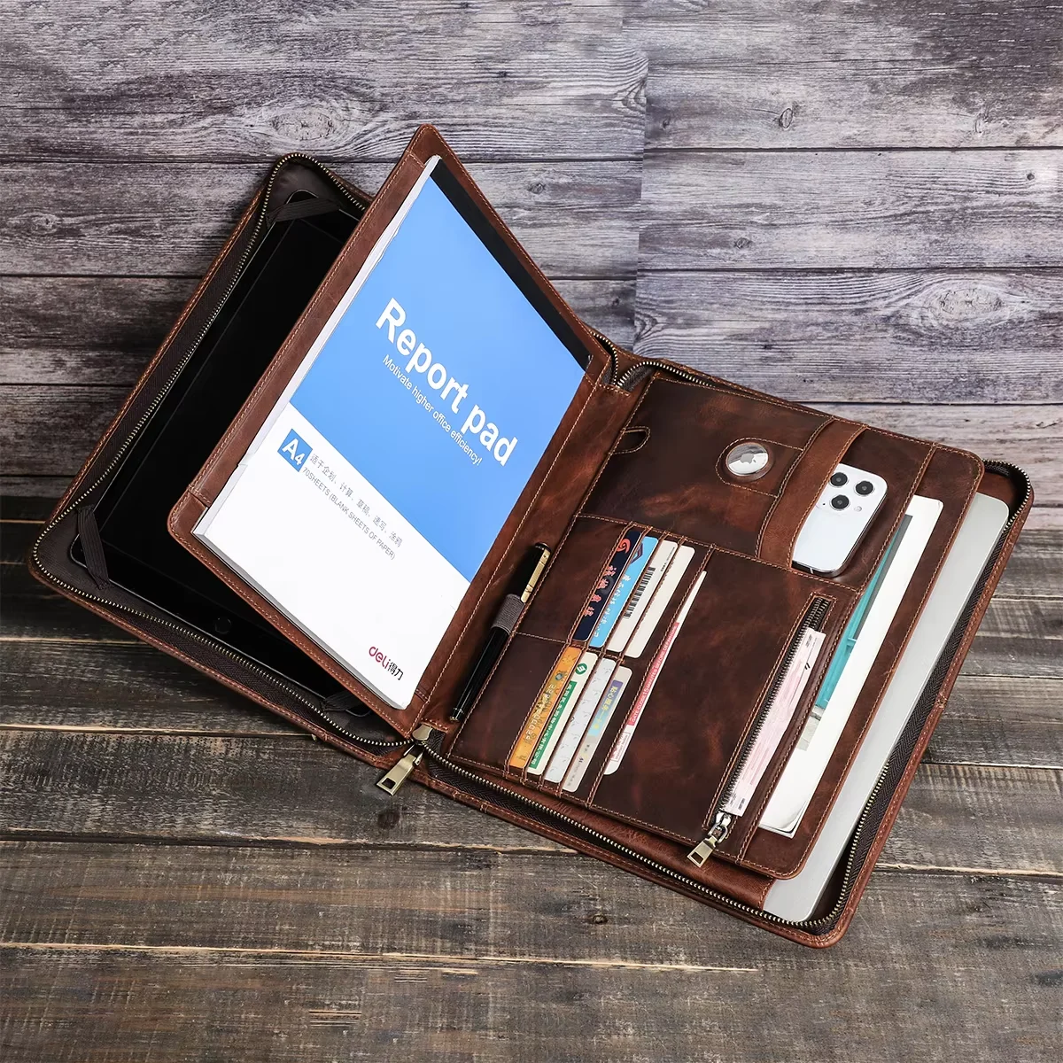 Cowhide A4 Folder Genuine Leather Files Holder Business File Folders Manager Organizer Zipper Travel Case