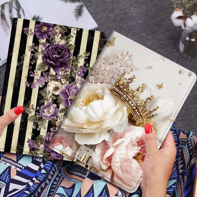 Golden Crown Peony Bloom Tablet Case - Elegant Floral Design