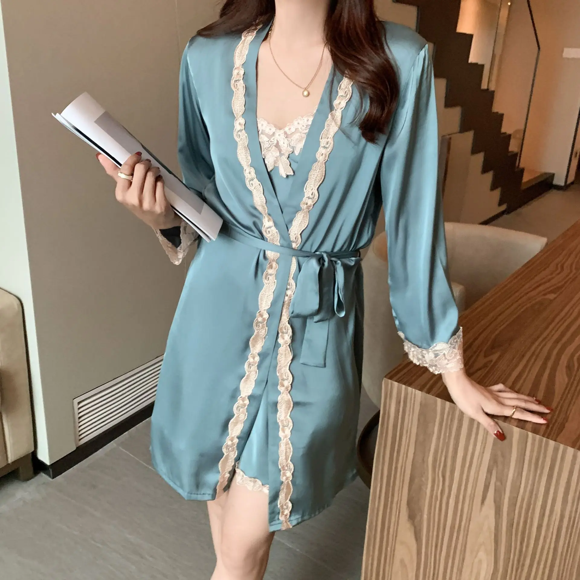 2024 New Top Sexy Summer Two-piece Pajama Dress Women's Seductive Large Hot Silk Waistband and Chest Pad Pajama Sets
