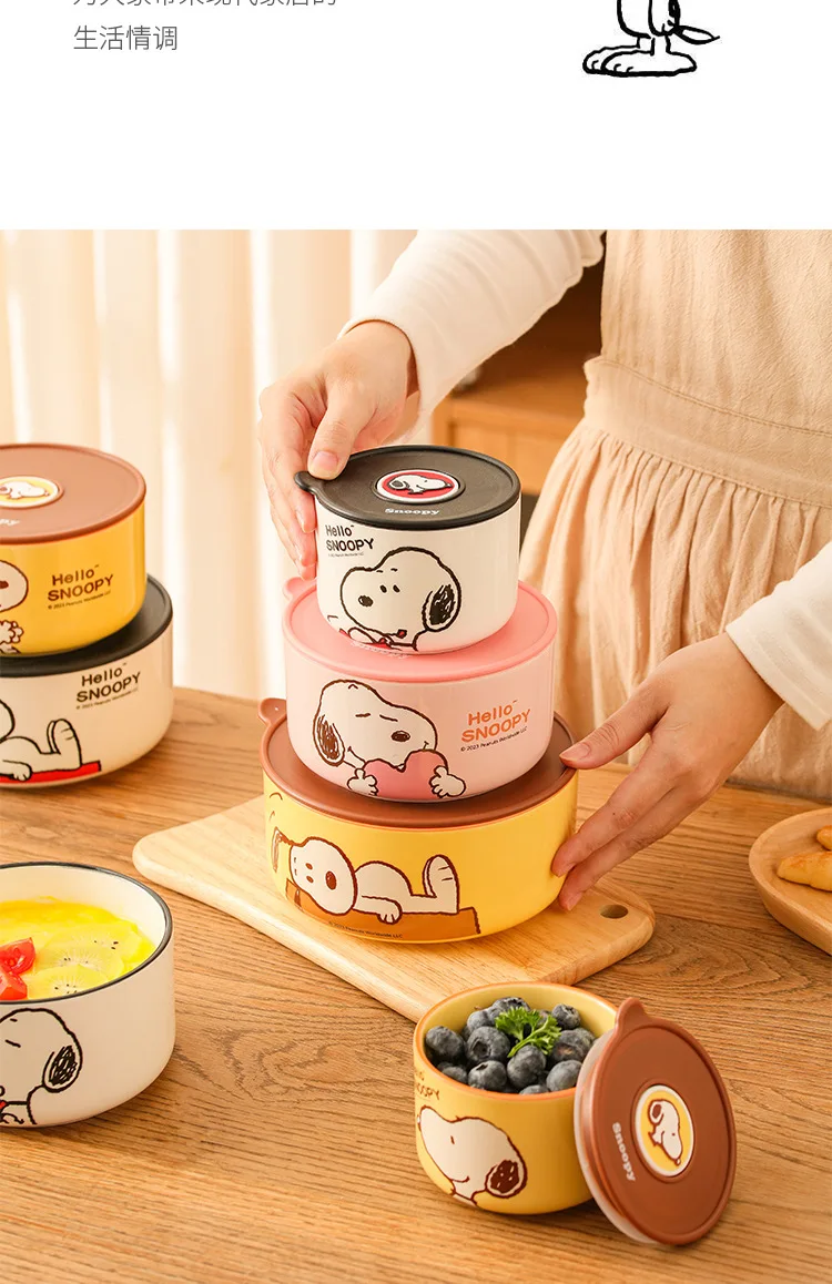 Snoopy Bowl Three Piece Set Crisper Box Child Cartoon Snoopy Ceramics Fresh Bowl With Lid Suit Girl Tableware Lunch Box Gift Box