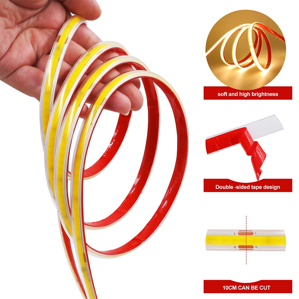220V COB LED Strip Light with Switch EU Power Plug 2Pin Wire 240LED/M IP67 Waterproof Bright Flexible Adhesive Tape LED Lighting 4