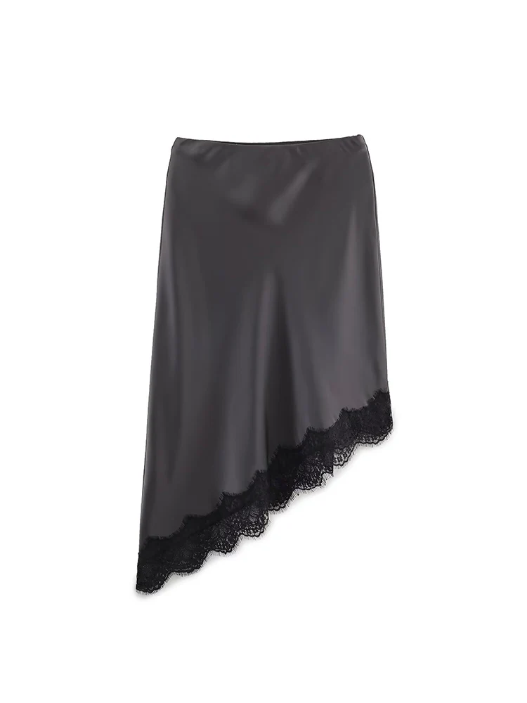 Summer New Women Satin Midi Skirts Simple Fashion Asymmetrical Lace Spliced Skirts Chic Elastic Waist Casual Irregular Skirt