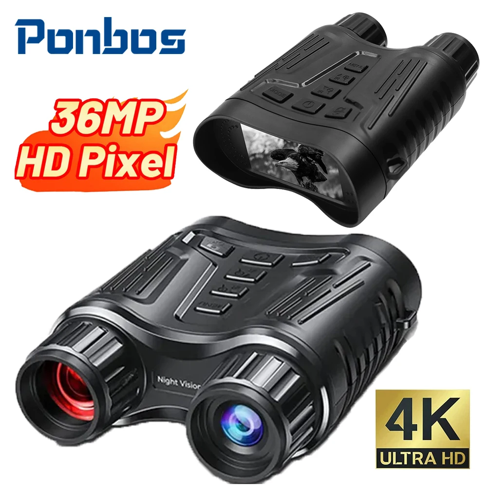 Ponbos NV2180 Portable 300M Infrared Night Vision Camera 4K UHD 36MP 8X Zoom Digital Binoculars Telescope for Hunting Camping