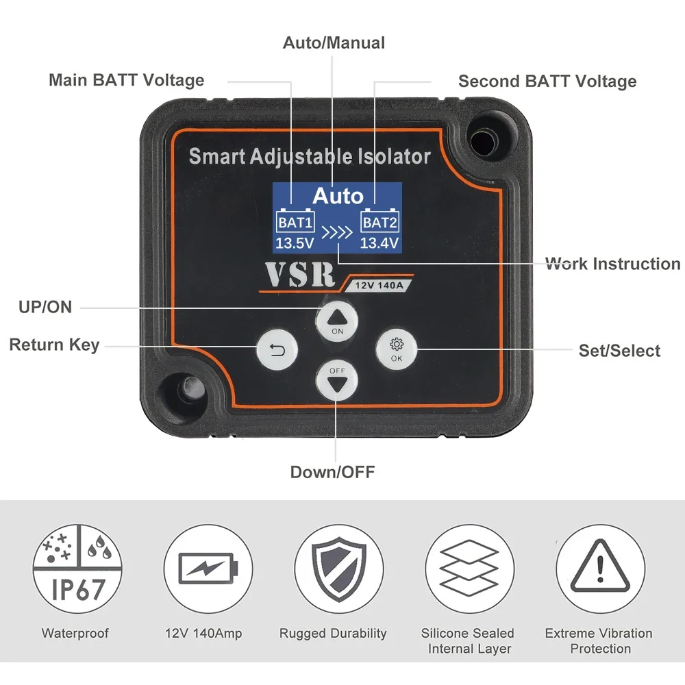 3/5/7m Adjustable Voltage Dual Battery Isolator 12V 140Amp VSR for Lithium & Lead-Acid Battery Car Accessories battery isolator