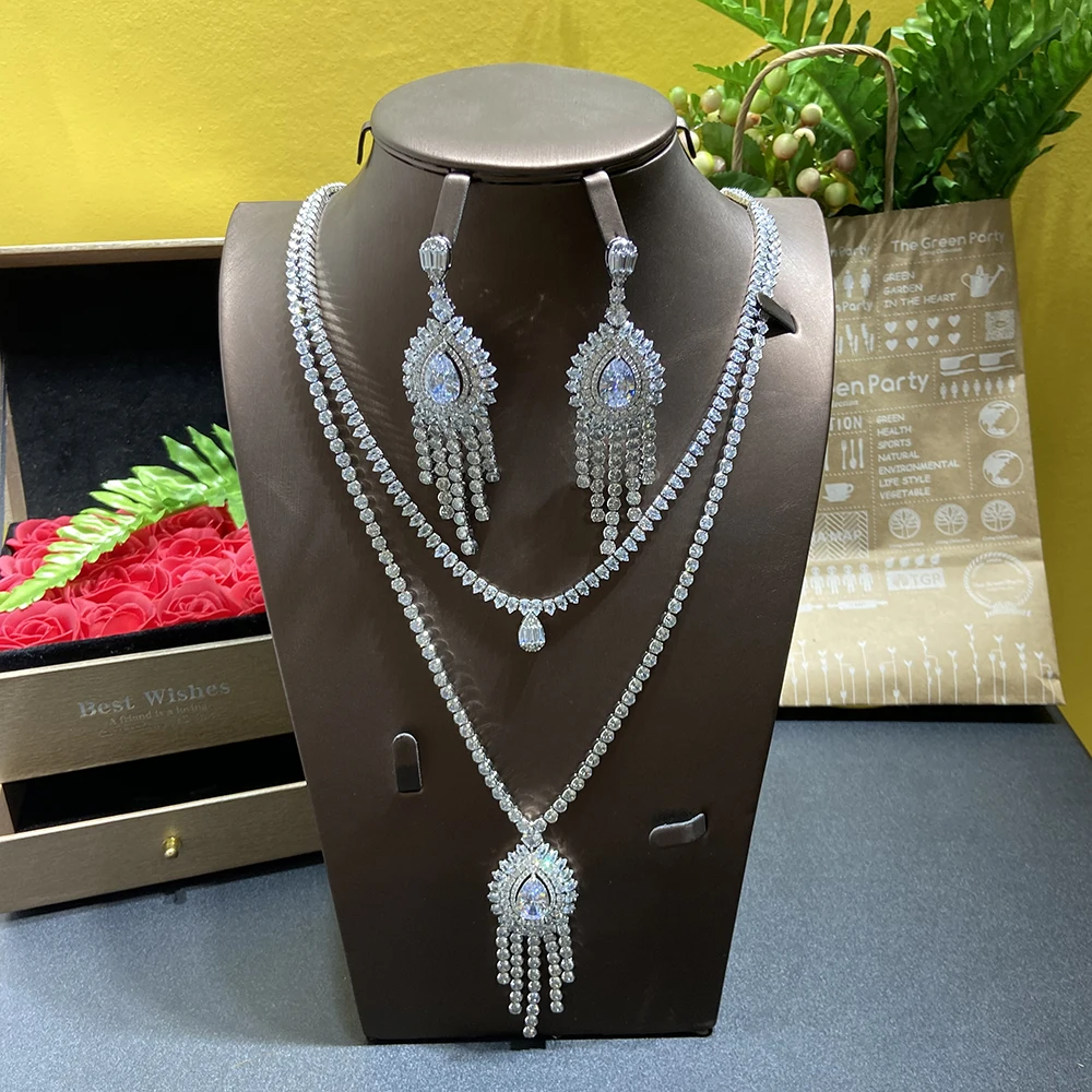 

Fashion Big Water Drop Design 2pcs Necklace and Earring Set Cubic Zirconia Tassel Jewelry Set for Women Bridal Party Gift N-1121