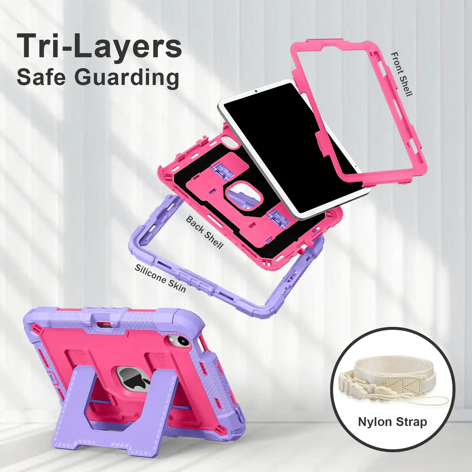 Shockproof iPad Mini Case with Handle Stand and Pen Tray - Non-toxic Soft Silicone Protective Cover with Shoulder Straps