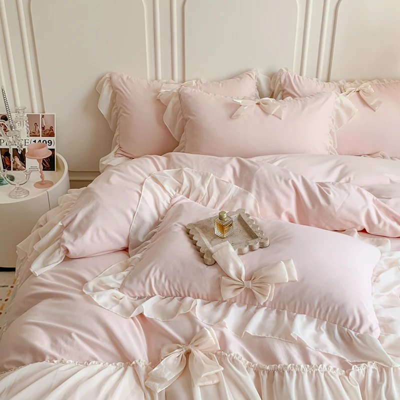 Pink Romantic French Princess Bedding Set, Lace Ruffles, Bow