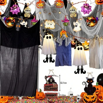Halloween Decoraiotns Horror Bloody Cloth Curtain LED Light Hanging Ghost Skeleton Stickers Witch Pendant Halloween Party Decor