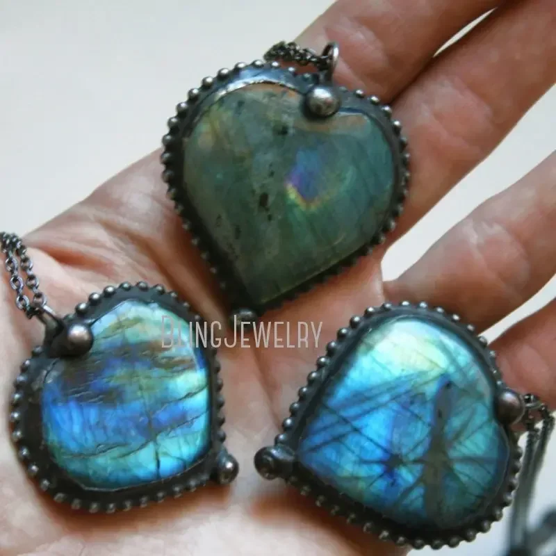 

10pcs Tumbled Heart Labraorite Stone Chain Necklace Women Witch Goth Wicca Love Talisman Chakra Halloween Boho Jewelry
