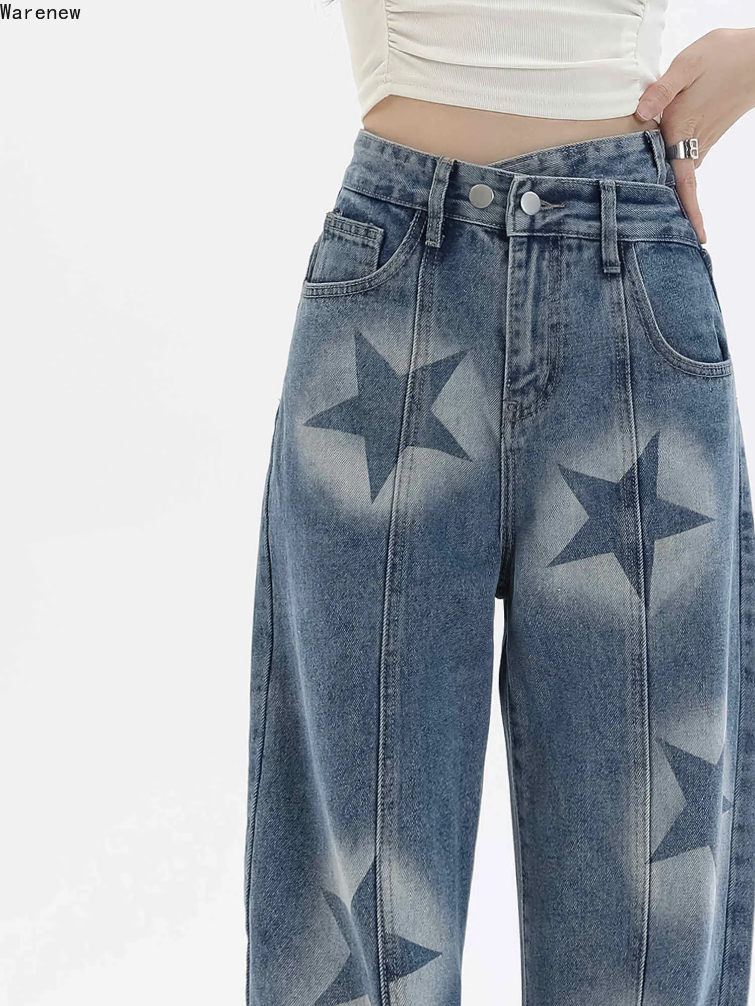 

Vintage High Waist Star Print Streetwear Style Blue Straight Jeans Pants Korean Fashion Women Wide Leg Baggy Y2K Denim Trouser