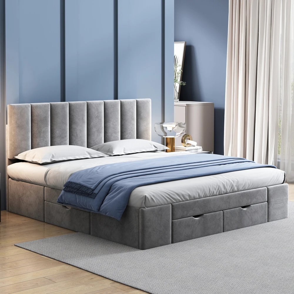 Luxuriöses Graues Samt-Polsterbett 140x200cm Modernes Schlafzimmerbett mit Lattenrost, Kopfteil und 4 Aufbewahrungsschubladen – Detail 19