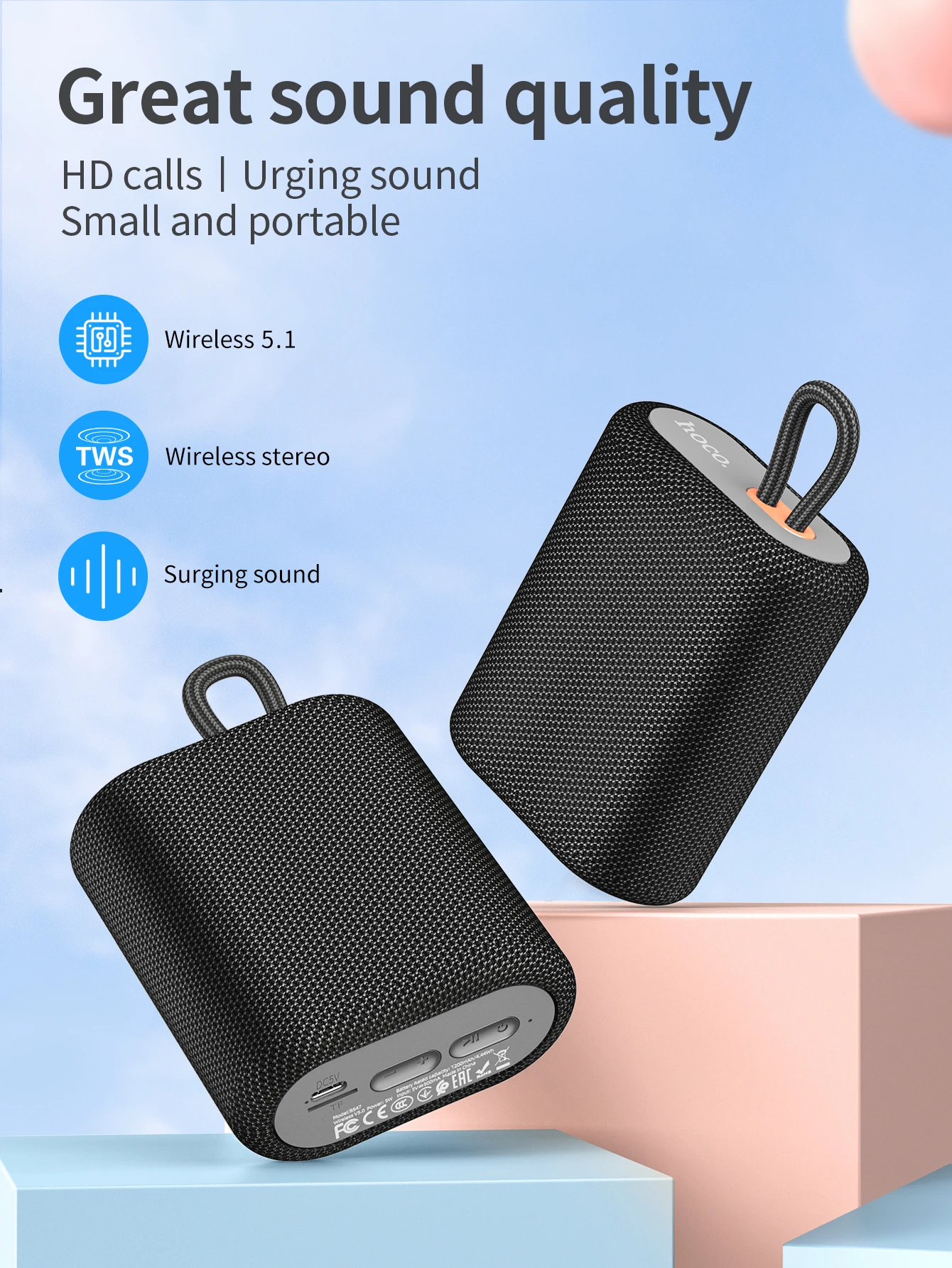 HOCO BS47 Sports Bluetooth Speakers Mini Portable Waterproof Outdoor Cycling Audio Bass Stereo Loudspeaker Support TF Card FM