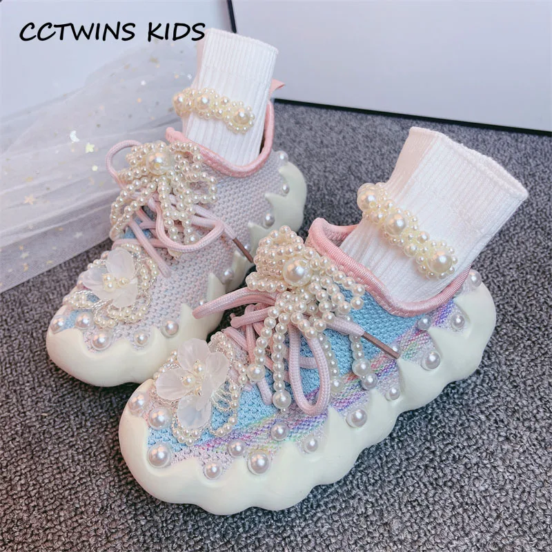 Girls Sneakers 2023 Spring Kids Fashion Brand Sock Shoes Children Running Sports Shoes Breathable Rhinestone Pearl Soft Sole