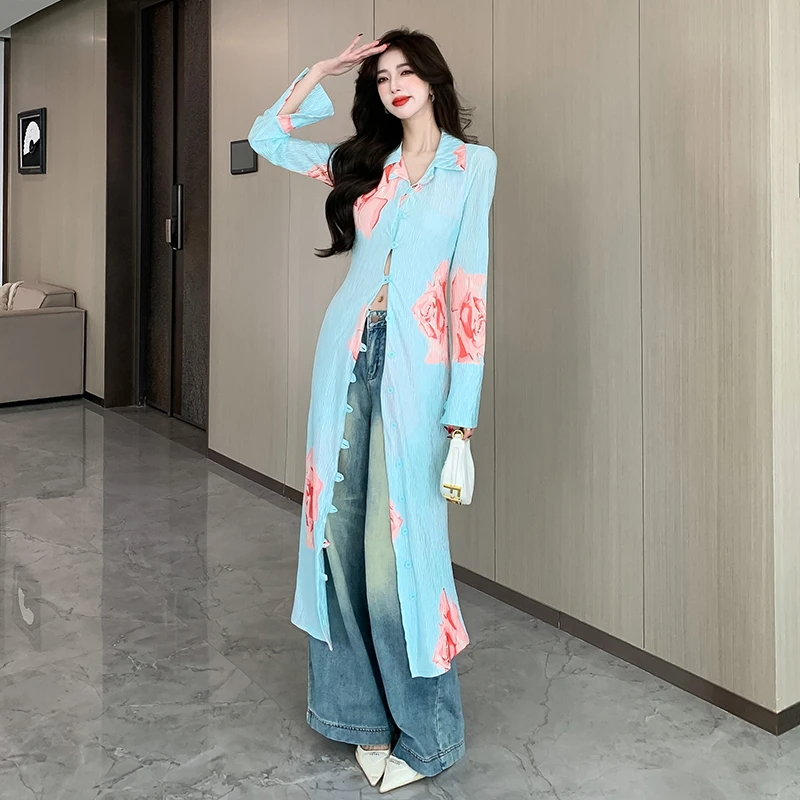 

2024 Fashion Runway Spring Blue Rose Print Cardigan Shirt Dress High Street Women Lapel Collar Single Breasted Print Midi Dress