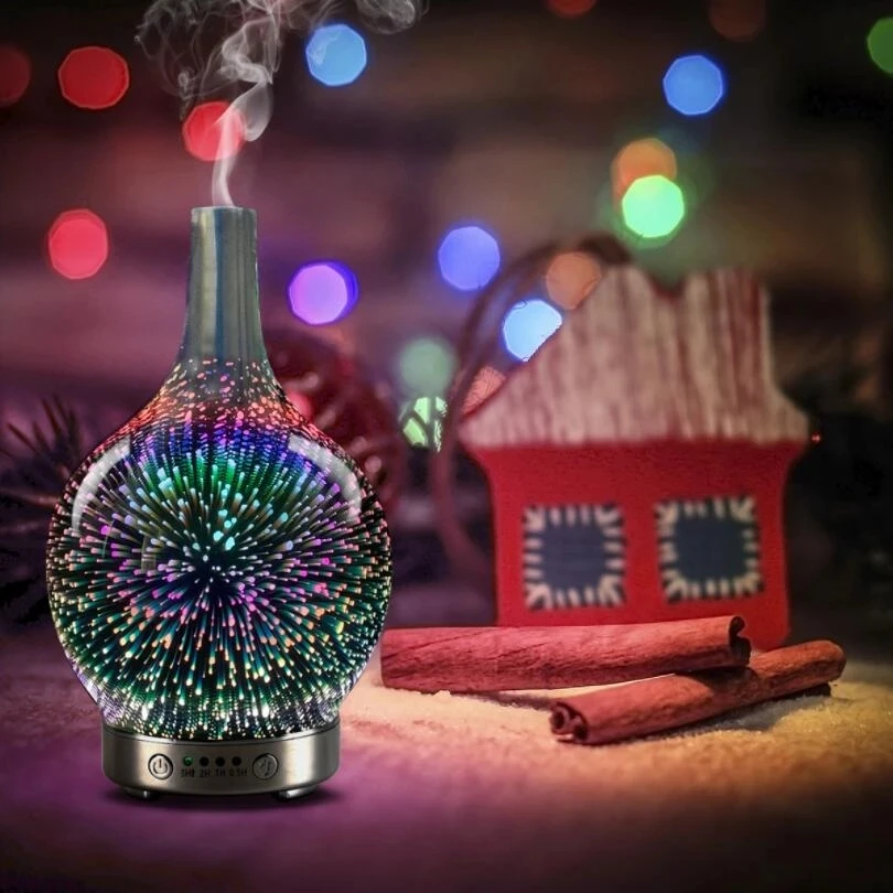 3D Fireworks Glass Vase Humidifier with 7 Color Led Night Light Aroma Essential Oil Diffuser Cool Mist Maker for Home Office