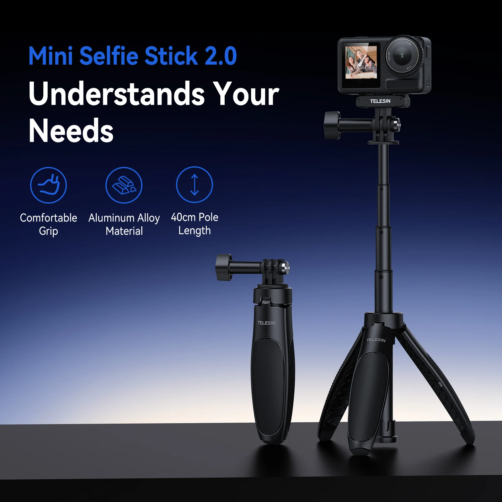 TELESIN Mini Quick Release Selfie Stick Tripod Portable Adjustable Length for GoPro Insta360 DJI Osmo Action Action Camera 2