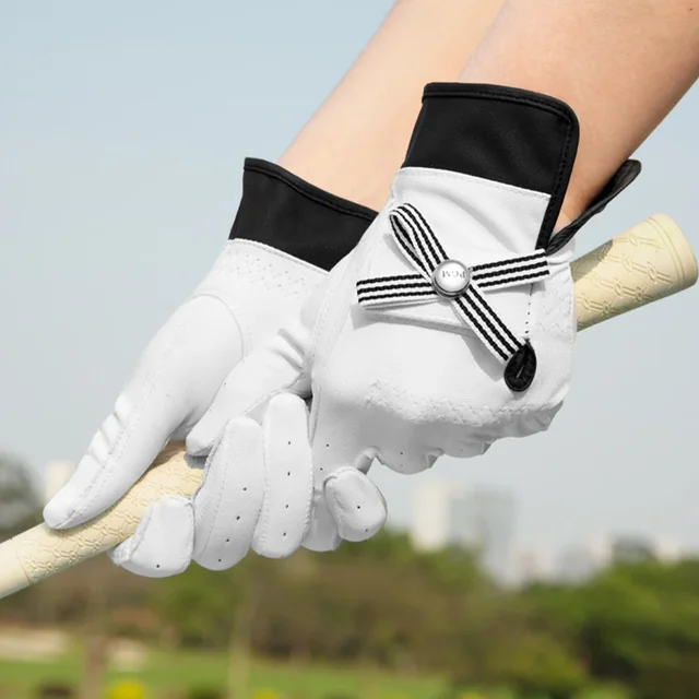 1 Pair Women Lambskin Leather Golf Gloves with Mark Ladies Breathable Open Finger Mittens Right and Left Hand Sport Gloves 2