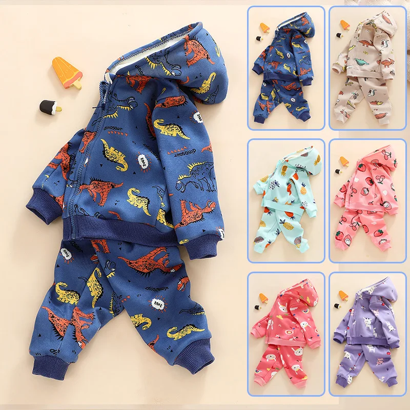 

Cartoon Newborn Baby Girls Boys Hoodie Pant Sets Zip Fleece Lined Toddler Jogging Sets Kids Outfits Children Outerwear 1-4 Years
