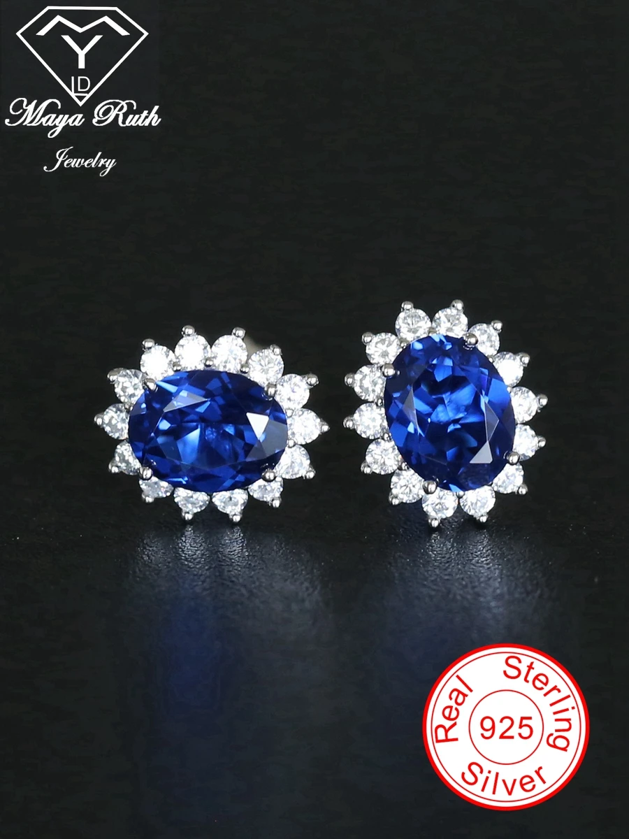 

Created Sapphire Halo Diana Princess Real 925 Sterling Silver Party Earrings For Women Blue Gemstone Oval Shape Female Gift