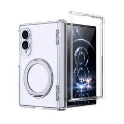 Ultra Slim Magnetic Foldable Phone Case with 360° Rotating Ring Stand & Hinge Cover for Galaxy Z Fold 8 Ultra (Transparent)