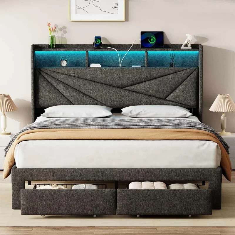 

LED Queen Bed Frame with 2 Storage Drawers, Upholstered Size Headboard and Charging Station, No Box Spring