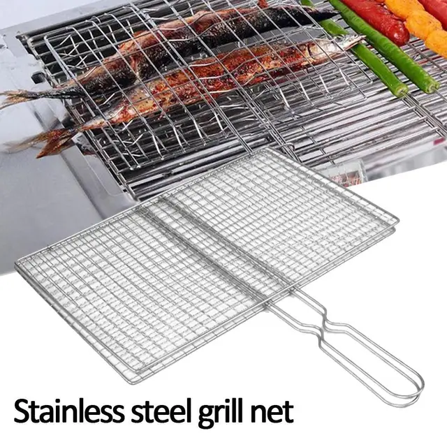 M/L Barbecue Grilling Basket Grill BBQ Net Steak Meat Fish Net Vegetable Silver Iron Mesh Clamp Barbecue Grilling Basket Grill