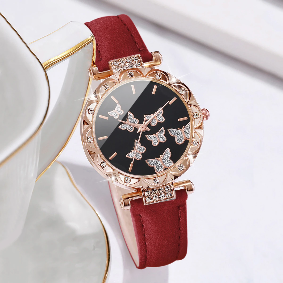 5PCS/Set Women's Watch Fashion Rhinestone Leather Band Quartz Watches Butterfly Jewelry Set（Without Box） 4