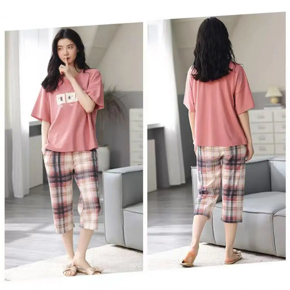 Lady Night Clothes Chic Soft Women Pajamas Set Two Pieces Set T-shirt Pants Mid Waist Summer Pajamas Women Garment