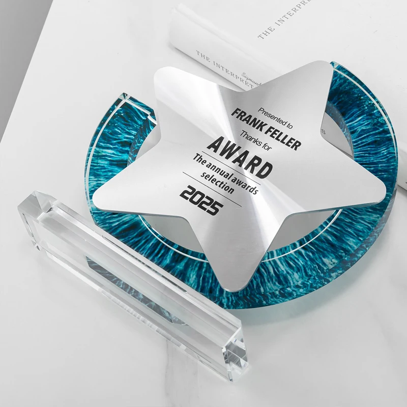 Customized Medal Metal, Excellent Staff Competitions Rewards Honors Souvenirs Decor, High-end Color Printing Crystal Trophy, 1Pc