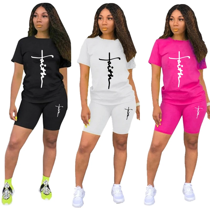 Women Fashion Faith Print Sets Short Sleeve Tops Summer Solid Color Ladies Two Piece Set 6 colors