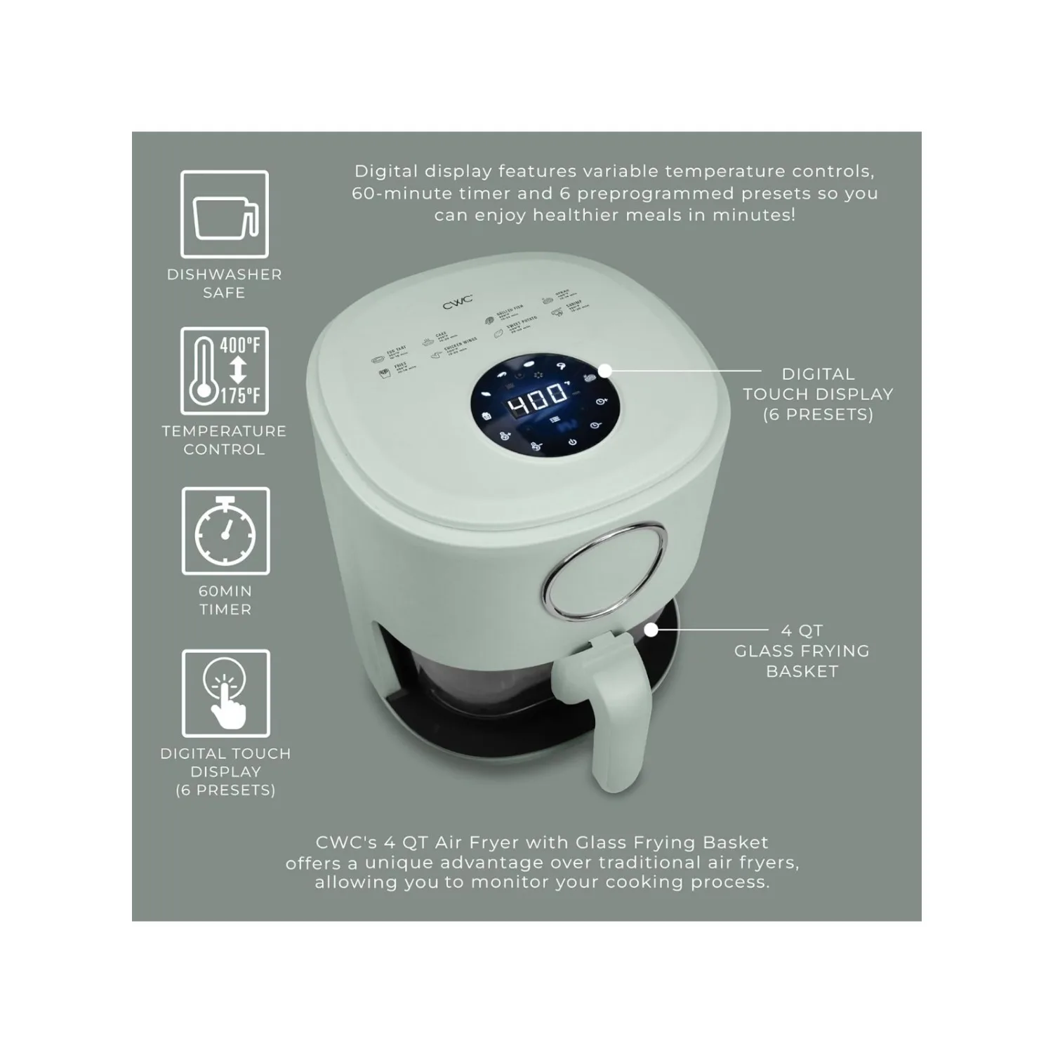 Colorful 1200W 4Qt Air Fryer: Glass Basket, Dishwasher Safe, 60min Timer, 6 Presets, Temp Control 175F-400F, 4 QT, Sage 3