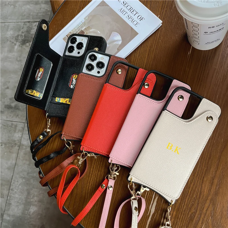 PERSONALIZED Leather Wallet Case With Mirror Custom Name Engraved  Cardholder with Crossbody Strap For iPhone 15 Pro Max 13 12 11 - AliExpress