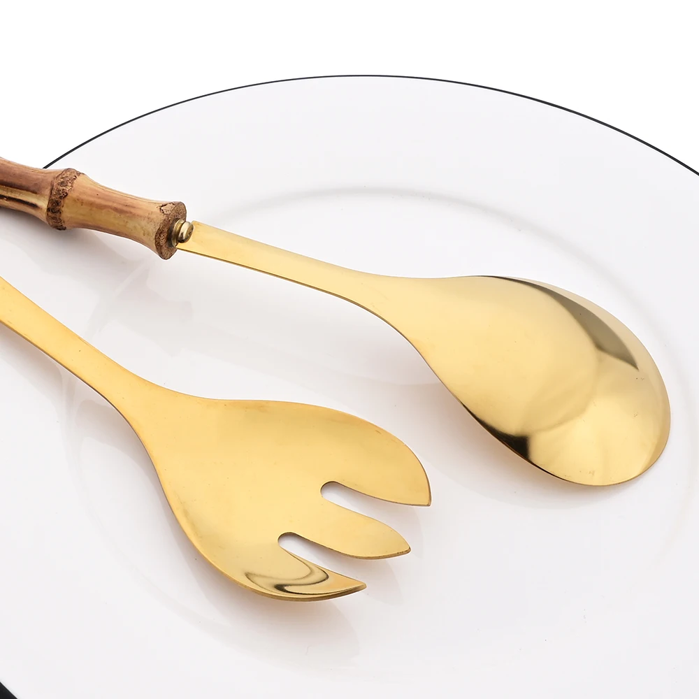 2/4Pcs Long Handle Serving Spoon Serving Spoon Dinnerware Set Bamboo Wooden Handle Salad Spoon Fork Stainless Steel Tableware Kitchen Cutlery Set