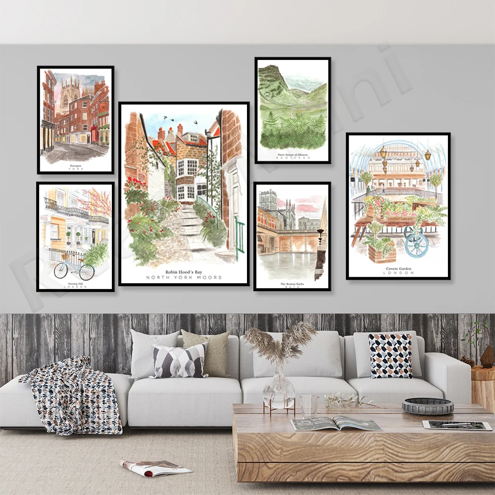 Bagni Romani, Robin Hood Bay Yorkshire, London Covent Garden, Leeds, Headingley, Oatley Road, Yorkshire Acquerello Poster Da Viaggio