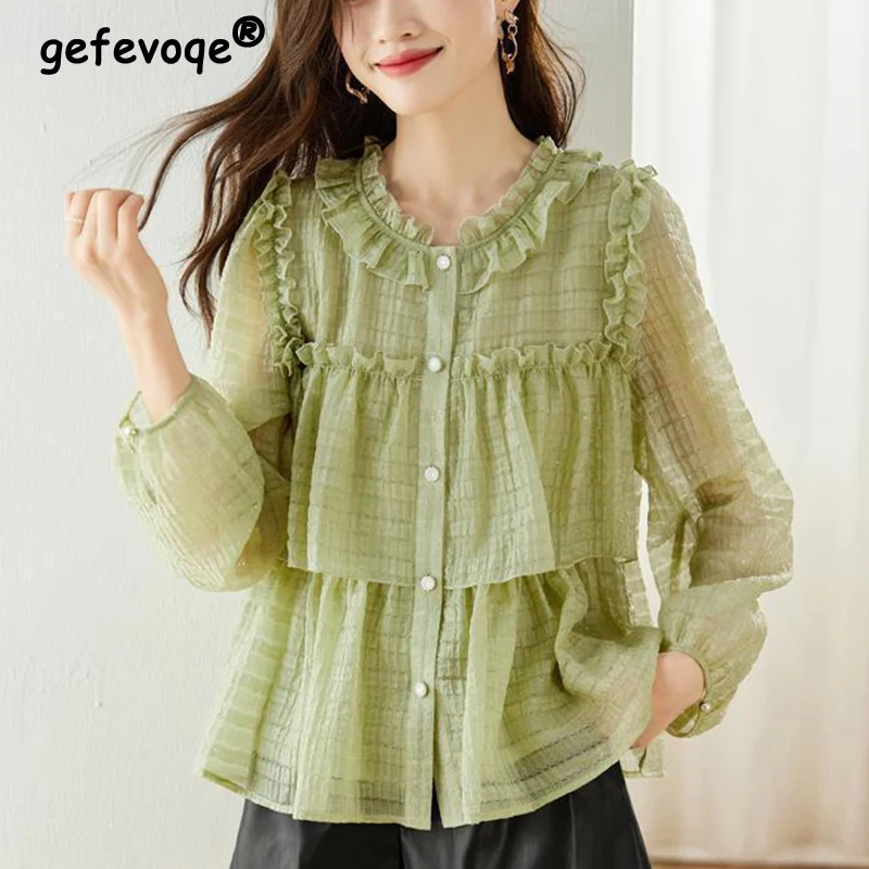 

Spring Autumn New Women's Ruffles Floral Printing Blouse Femme Lantern Long Sleeve Sweet Top Ladies Loose Casual Cardigan Shirt