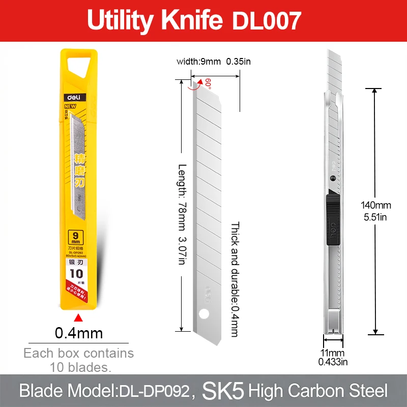 9mm 헤비듀티 유틸리티 나이프 SK5 스틸 합금 블레이드 60 °   실버 엣지 0.4mm 두께 카펫/벽지 커팅 도구