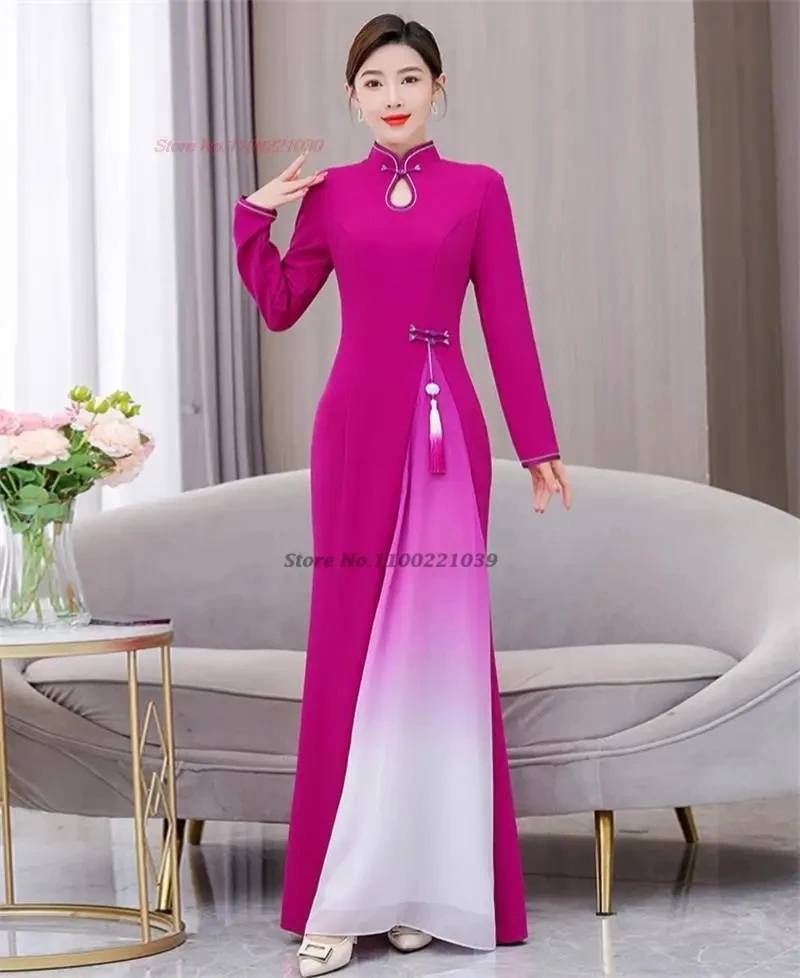 2024 aodai traditional vietnam dress improved cheongsam gradient color vintage qipao national ao dai dress elegant party qipao