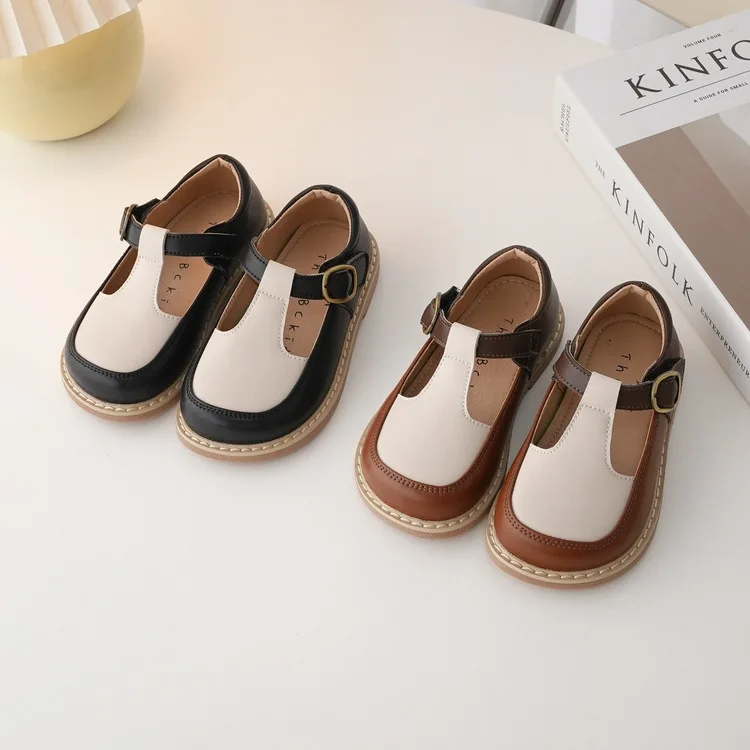 Kids Leather Shoes New Children Leather Boys Single Shoes Girls Casual Shoes Soft Bottom Patchwork Hook Loop Moccasins